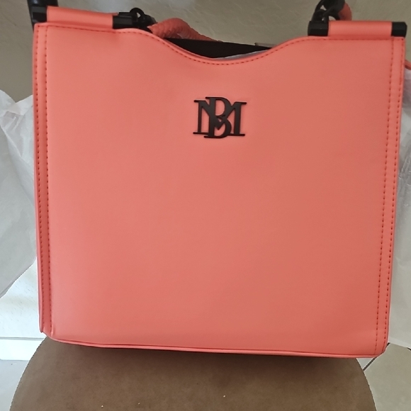 Coral Pink Badgley Mischka Tote Bag with Black Straps - Picture 3 of 4
